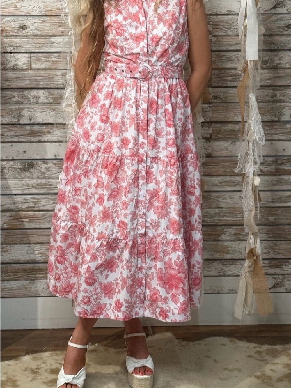 Floral Pink Midi Dress with Belt
